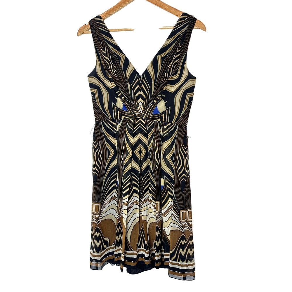 Maggy London Geometric Print V Neck Sleeveless Midi‎ Dress Women Size 8P